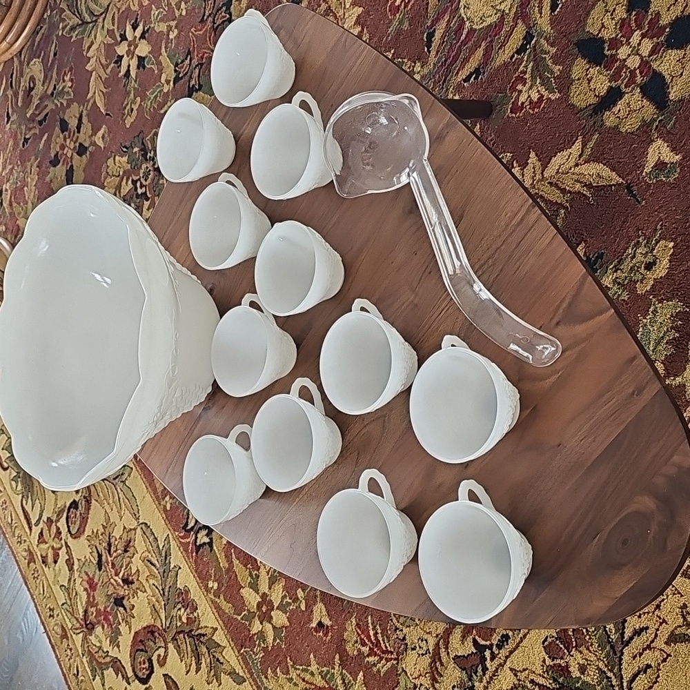 Vtg Anchor Hocking Mid-Century White Punch Bowl Set with Cups and Ladle